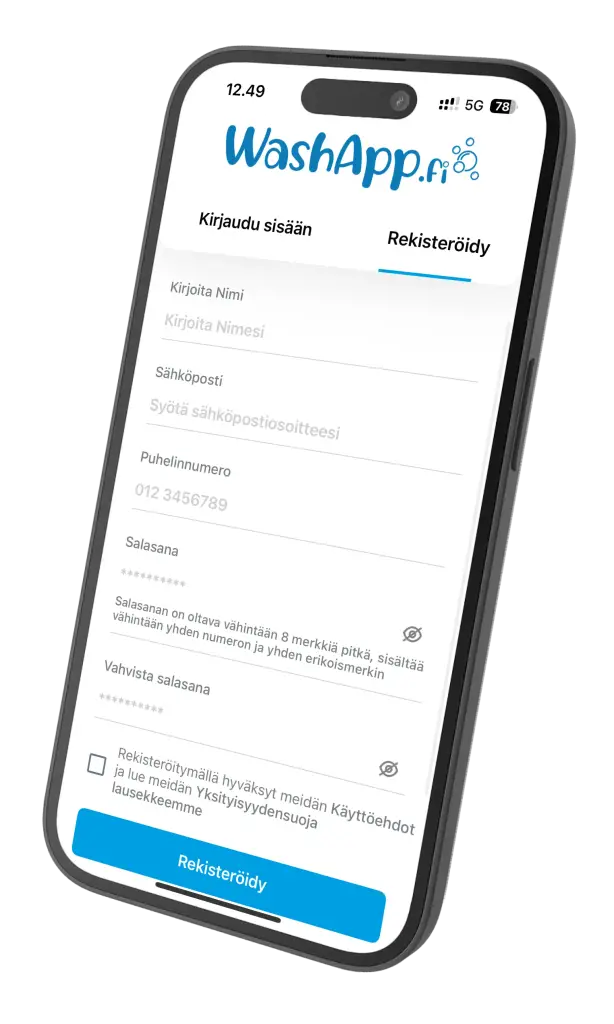 WashApp.fi rekisteröitymisikkuna
