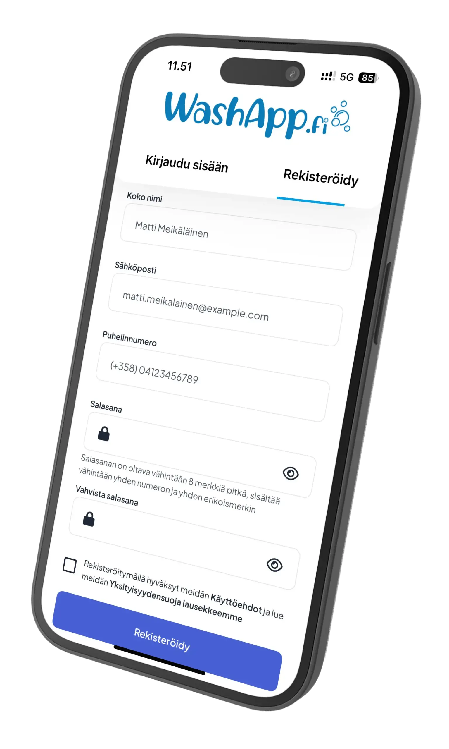 Kuva WashApp.fi-sovelluksen rekisteröitymisikkunasta